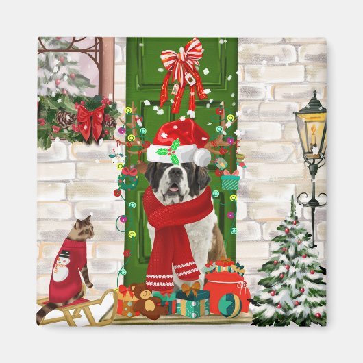 Saint Bernard Dog Kerstmis Magneet (Voorkant)