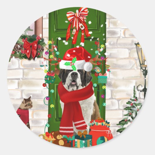 Saint Bernard Dog Kerstmis Ronde Sticker (Voorkant)