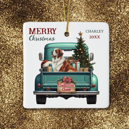 Saint Bernard Dog Retro Truck Christmas Keramisch Ornament