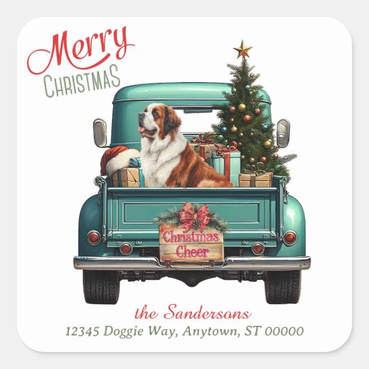 Saint Bernard Dog Retro Truck Kerstmis Vierkante Sticker (Voorkant)