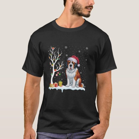 Saint Bernard Dog Santa Hat Feestelijke Boomlamp X T-shirt (Voorkant)