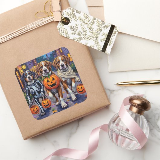Saint Bernard Dogs in Halloween Costumes Vierkante Sticker (Geschenken)