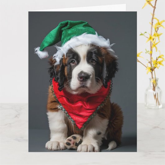 Saint Bernard Elf Puppy Kerst Kaart (Gele Bloem)