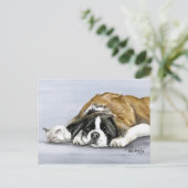 Saint Bernard en Kitten Dog Art Briefkaart (Staand voorkant)