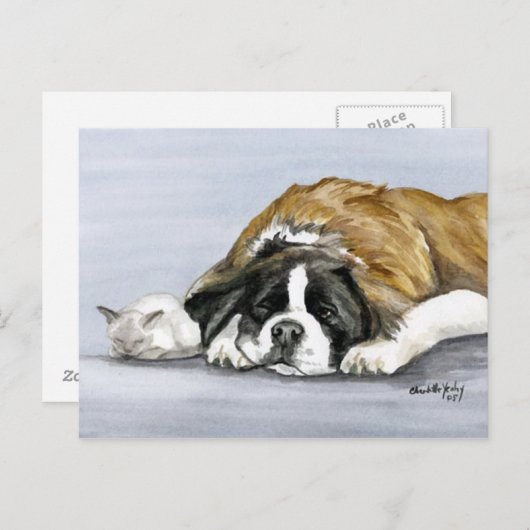Saint Bernard en Kitten Dog Art Briefkaart (Voorkant / Achterkant)