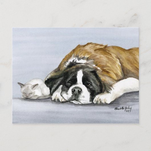 Saint Bernard en Kitten Dog Art Briefkaart (Voorkant)