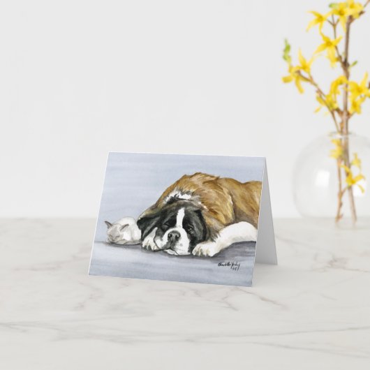 "Saint Bernard en Kitten" Dog Art Notecard Kaart (Gele Bloem)