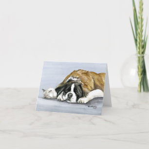 "Saint Bernard en Kitten" Dog Art Notecard Kaart