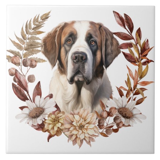 Saint Bernard Hond Herfstkrans Tegeltje (Voorkant)