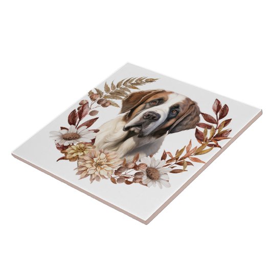 Saint Bernard Hond Herfstkrans Tegeltje (Zijkant)