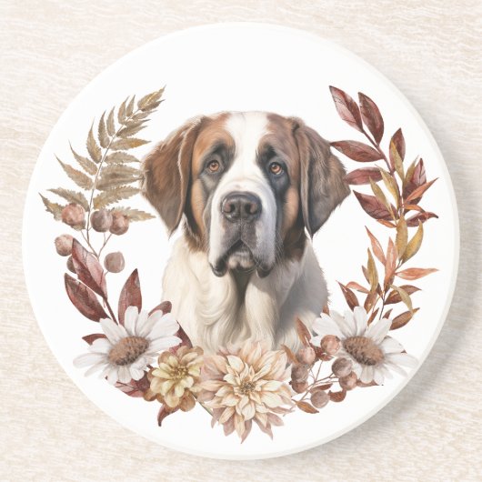 Saint Bernard Hond Herfstkrans Zandsteen Onderzetter (Voorkant)