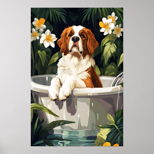 Saint Bernard In Bathtub Poster, Funny Dog Poster (Voorkant)