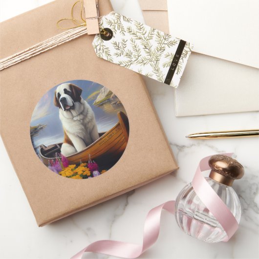 Saint Bernard op een peddel: Een Schilderachtig av Ronde Sticker (Geschenken)