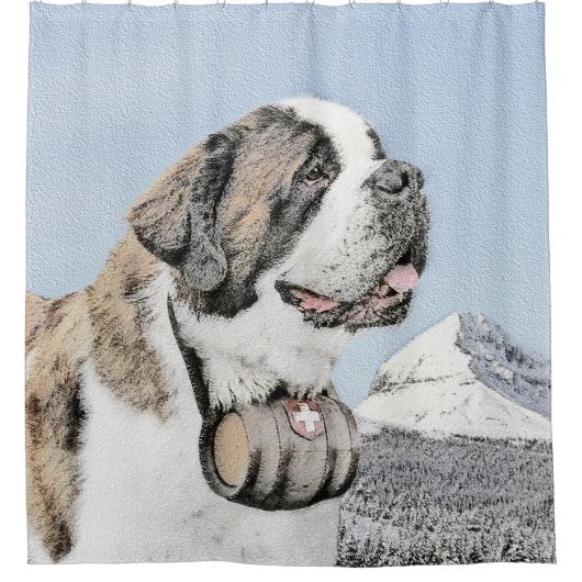 Saint Bernard Painting - Cute Original Dog Art Douchegordijn (Voorkant)