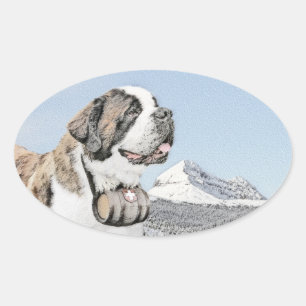 Saint Bernard Painting - Cute Original Dog Art Ovale Sticker