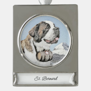 Saint Bernard Painting - Cute Original Dog Art Sil Verzilverd Banner Ornament