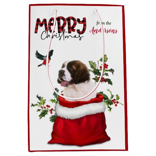 Saint Bernard Puppy Dog Kerstmis Medium Cadeauzakje (Voorkant)