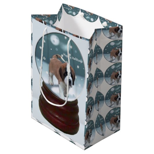 Saint Bernard Puppy Kerstmis Medium Cadeauzakje (Voorkant Gekanteld)