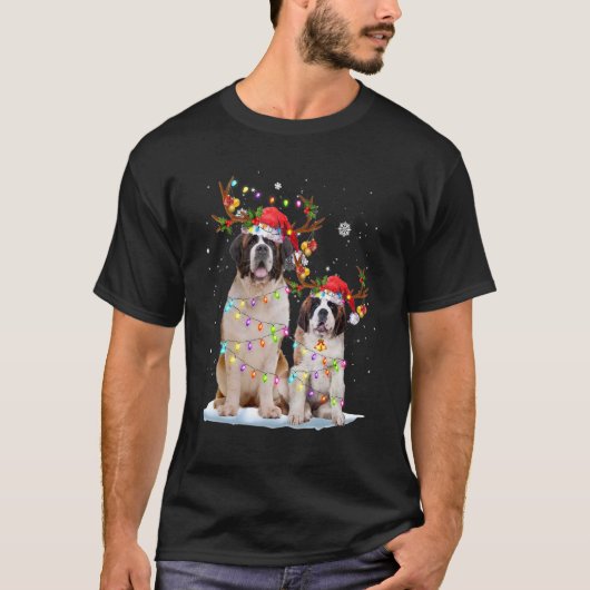 Saint Bernard Reindeer Santa Hat Xmas Lights Chris T-shirt (Voorkant)