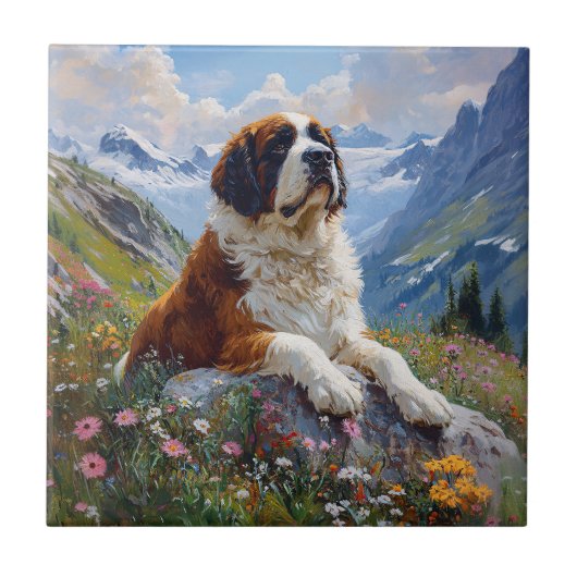 Saint Bernard Schilderachtig Wildflower Field Tegeltje (Voorkant)