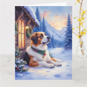 Saint Bernard Snowy Mountain Lodge Christmas Dog Kaart (Gele Bloem)