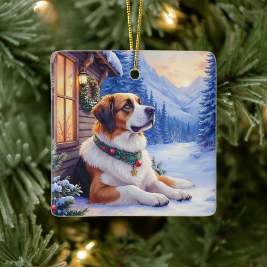 Saint Bernard Snowy Mountain Lodge Christmas Dog Keramisch Ornament (Boom)