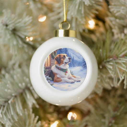 Saint Bernard Snowy Mountain Lodge Christmas Dog Keramische Bal Ornament (Boom)
