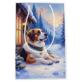 Saint Bernard Snowy Mountain Lodge Christmas Dog Medium Cadeauzakje (Voorkant)
