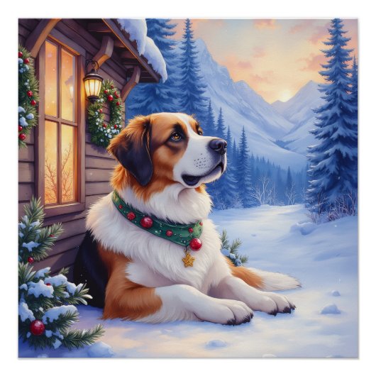 Saint Bernard Snowy Mountain Lodge Christmas Dog Perfect Poster (Voorkant)