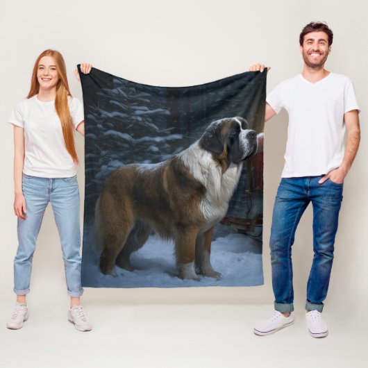 Saint Bernard Snowy Sleigh Kerstdecoratie Fleece Deken (In situ)