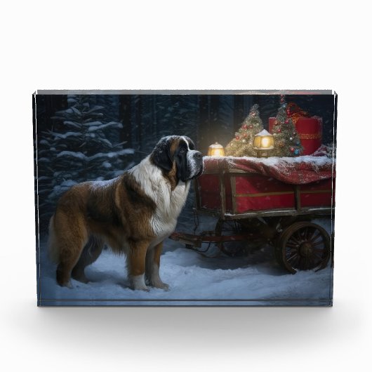Saint Bernard Snowy Sleigh Kerstdecoratie Fotoblokken (Voorkant)