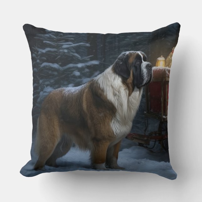 Saint Bernard Snowy Sleigh Kerstdecoratie Kussen (Voorkant)