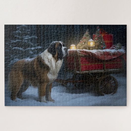 Saint Bernard Snowy Sleigh Kerstdecoratie Legpuzzel (Horizontaal)