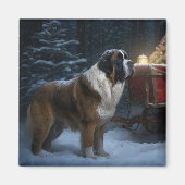 Saint Bernard Snowy Sleigh Kerstdecoratie Magneet (Voorkant)