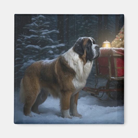 Saint Bernard Snowy Sleigh Kerstdecoratie Magneet (Voorkant)