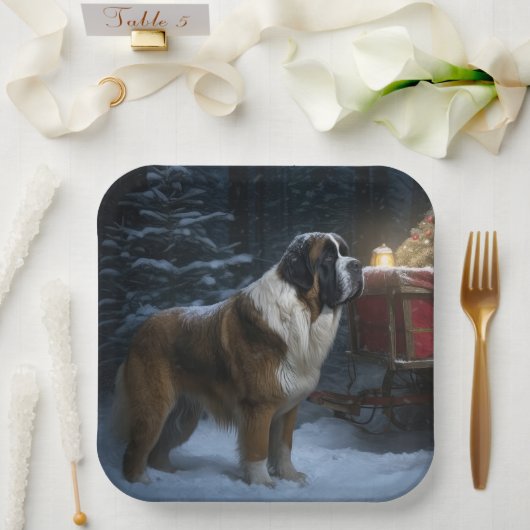 Saint Bernard Snowy Sleigh Kerstdecoratie Papieren Bordje (Huwelijk)