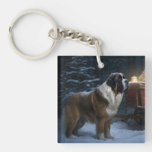 Saint Bernard Snowy Sleigh Kerstdecoratie Sleutelhanger