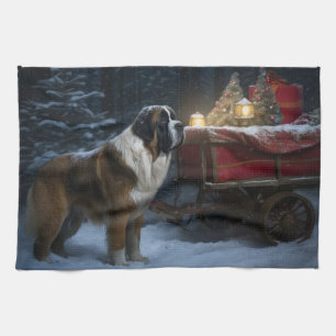 Saint Bernard Snowy Sleigh Kerstdecoratie Theedoek