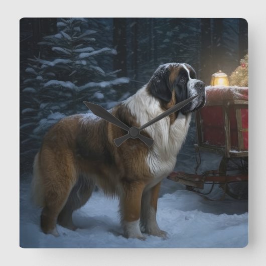Saint Bernard Snowy Sleigh Kerstdecoratie Vierkante Klok (Voorkant)