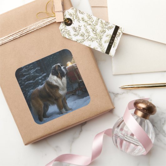Saint Bernard Snowy Sleigh Kerstdecoratie Vierkante Sticker (Geschenken)