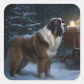Saint Bernard Snowy Sleigh Kerstdecoratie Vierkante Sticker (Voorkant)
