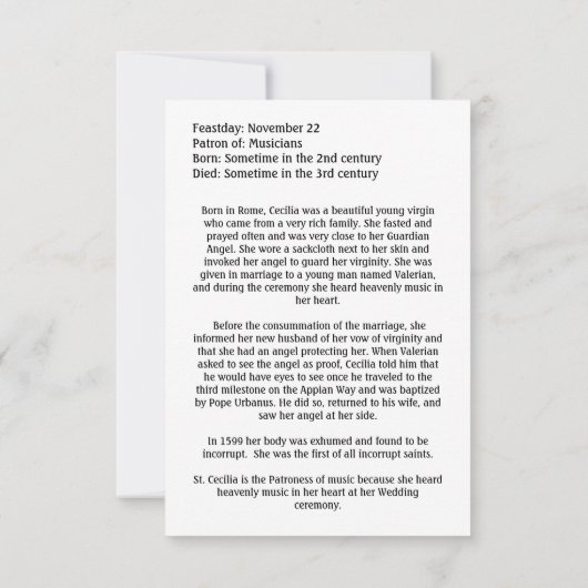 Saint Cecilia  Heilige Kaart (Achterkant)