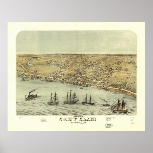 Saint Clair Michigan 1868 Antiek Panoramische Kaar Poster (Voorkant)