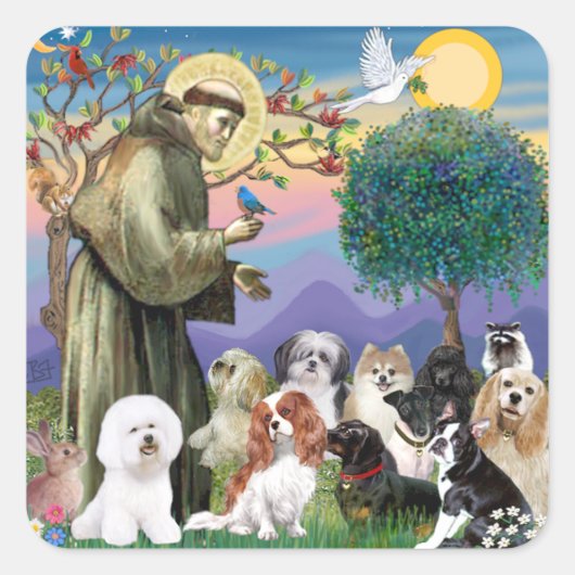 Saint Francis met 10 honden Vierkante Sticker (Voorkant)