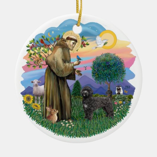 Saint Francis - Portugese Waterhond (zwart) Keramisch Ornament (Voorkant)