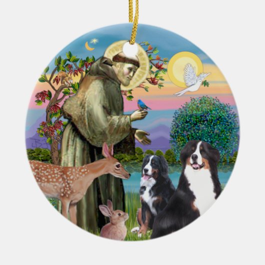 Saint Francis - Two Bernese Mountain Dogs Keramisch Ornament (Voorkant)