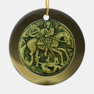 SAINT GEORGE, DRAGON/MADONNA EN KINDERMEDALLION KERAMISCH ORNAMENT