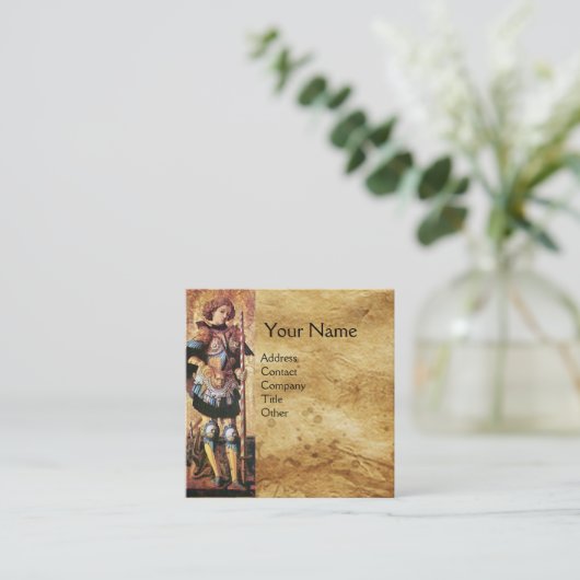 SAINT GEORGE EN DRAGON Brown Parchment Monogram Vierkante Visitekaartje (Staand voorkant)