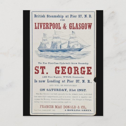 Saint George schroef stoomschip 1863 Briefkaart (Voorkant)