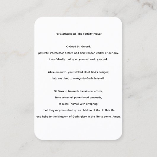 Saint Gerard Majella Fertility Prayer Card Visitekaartje (Achterkant)